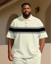 Big & Tall Men's Business Apricot Geometric Stripe Print Short Sleeve Polo Shirt Shorts Suit